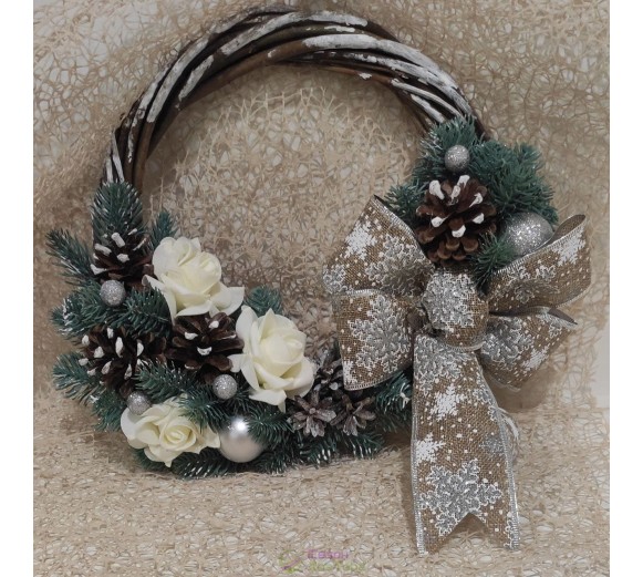 Вінок новорічний з рогози та литої хвої d-35 см